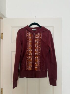 Lucky Brand Maroon Zip Hoodie with Embroidered Panel